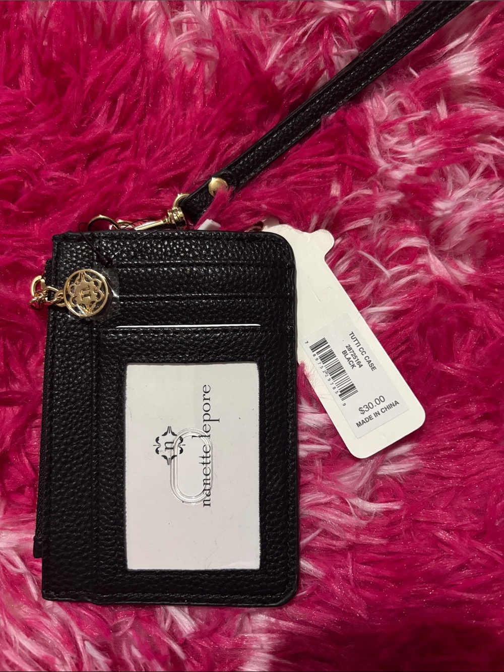 Nanette Lepore Black Pebbled Leather Wristlet Card Holder with Gold Logo nwt - Picture 3 of 7